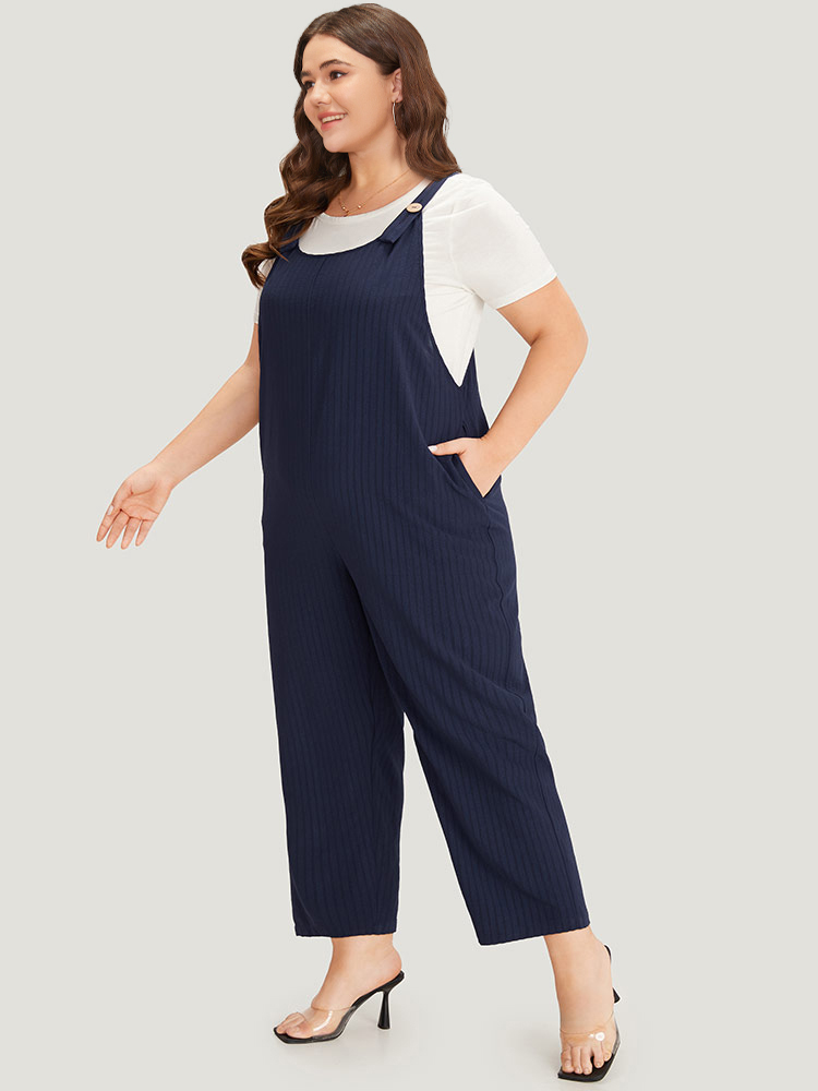 Plus Size DarkBlue Solid Button Patchwork Pocket Cami Jumpsuit Women Elegant Sleeveless Scoop Neck Dailywear Loose Jumpsuits BloomChic 12/L 
