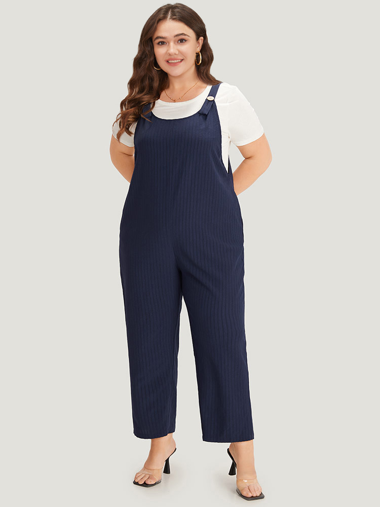 Plus Size DarkBlue Solid Button Patchwork Pocket Cami Jumpsuit Women Elegant Sleeveless Scoop Neck Dailywear Loose Jumpsuits BloomChic 12/L 