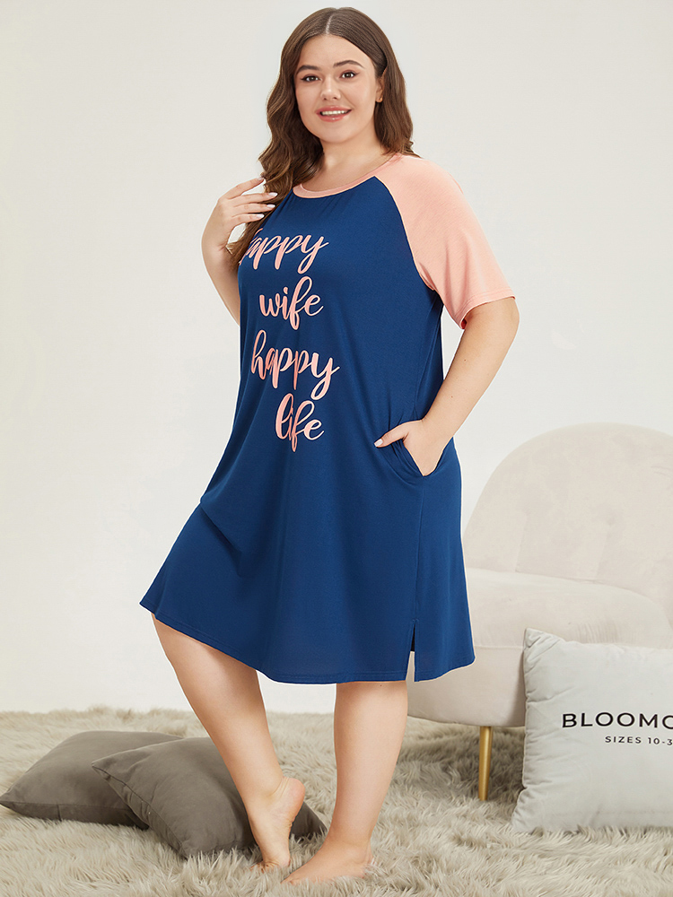 Letter Print Contrast Raglan Sleeve Patchwork Night Dress BloomChic 