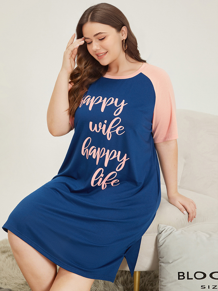 Letter Print Contrast Raglan Sleeve Patchwork Night Dress BloomChic 