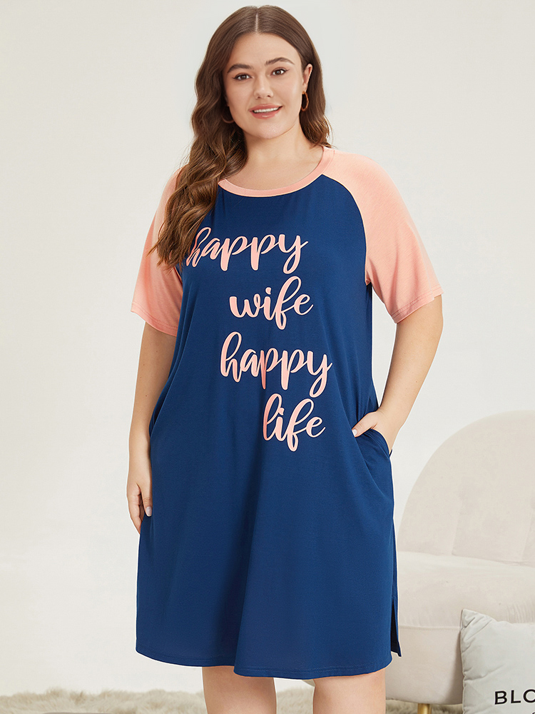 Letter Print Contrast Raglan Sleeve Patchwork Night Dress BloomChic 