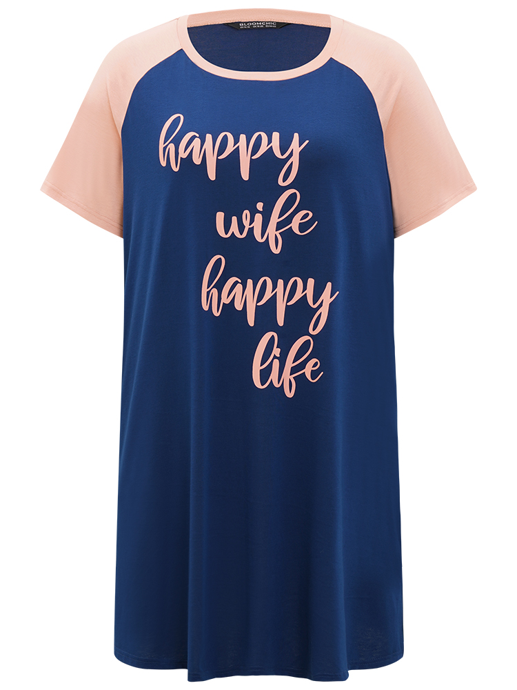Letter Print Contrast Raglan Sleeve Patchwork Night Dress BloomChic 