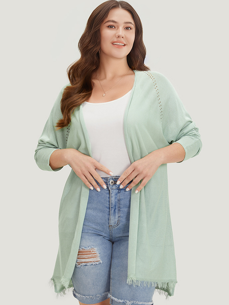 

Plus Size Solid Open Front Fringe Trim Cardigan LightGreen Women Casual Long Sleeve Everyday Cardigans BloomChic