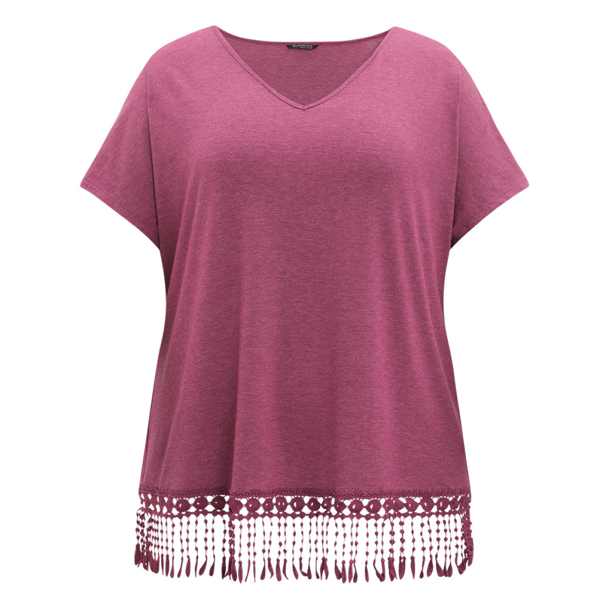 

Plus Size Plain Fringe Trim Batwing Sleeve T-shirt RedViolet Women Elegant Tassels Plain V-neck Dailywear T-shirts BloomChic