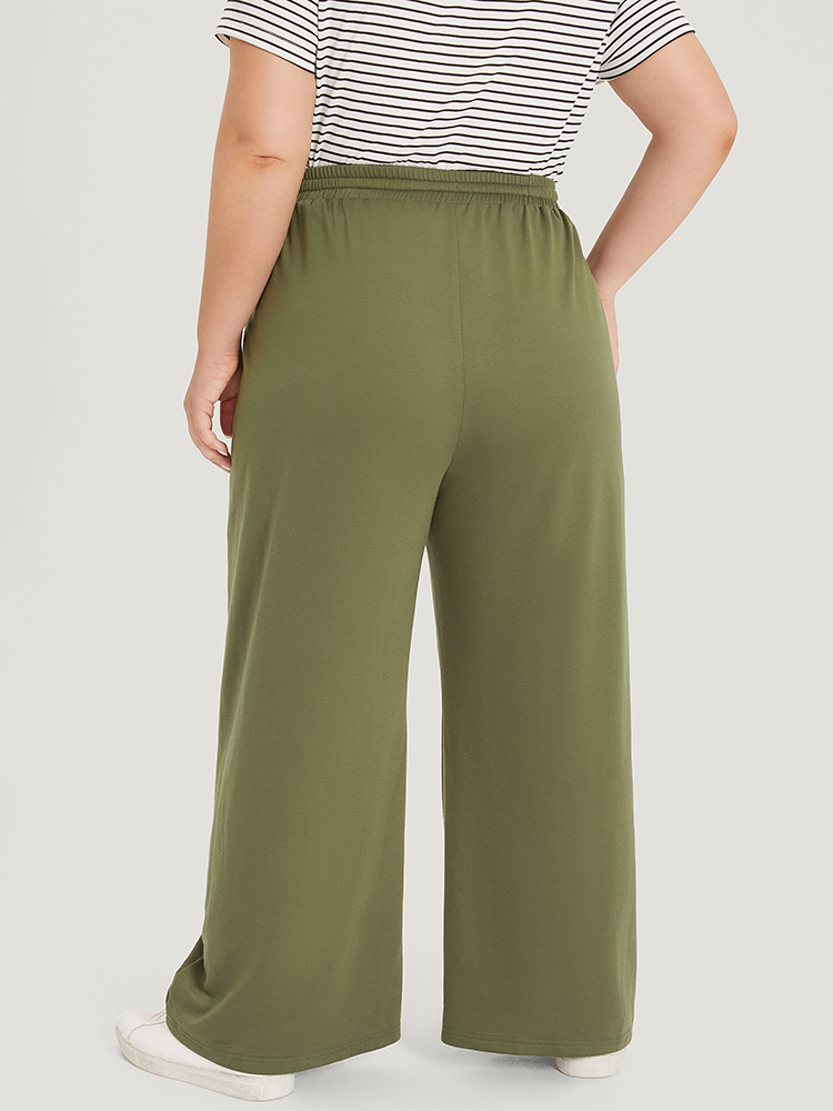 

Plain Drawstring Pocket Wide Leg Sweatpant ArmyGreen Plus Size Women Casual Dailywear Plain  Bloomchic
