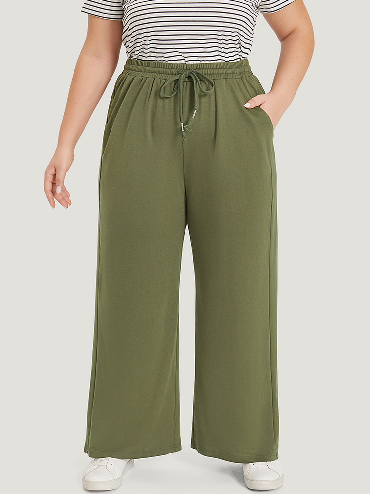 

Plain Drawstring Pocket Wide Leg Sweatpant ArmyGreen Plus Size Women Casual Dailywear Plain  Bloomchic