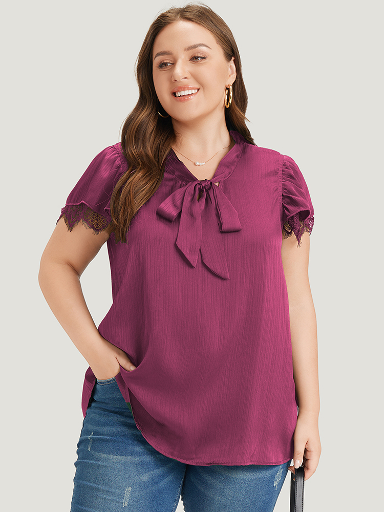 

Plus Size RedViolet Plain Knot Neck Ruffle Sleeve Blouse Women Office Short sleeve Ribbon-tied collar Work Blouses BloomChic