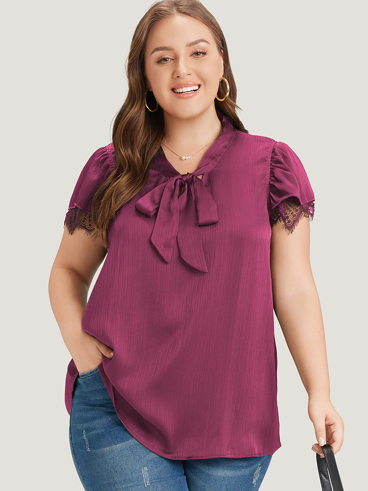 

Plus Size RedViolet Plain Knot Neck Ruffle Sleeve Blouse Women Office Short sleeve Ribbon-tied collar Work Blouses BloomChic