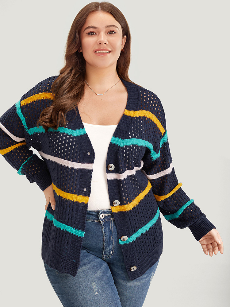 

Plus Size Contrast Striped Button Through Hollow Out Cardigan Indigo Women Casual Loose Long Sleeve Everyday Cardigans BloomChic