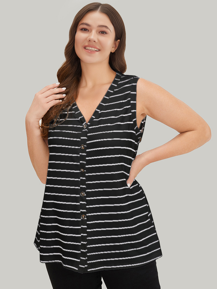 

Plus Size Striped Print Button Through Tank Top Women Black Casual Button Dailywear Tank Tops Camis BloomChic