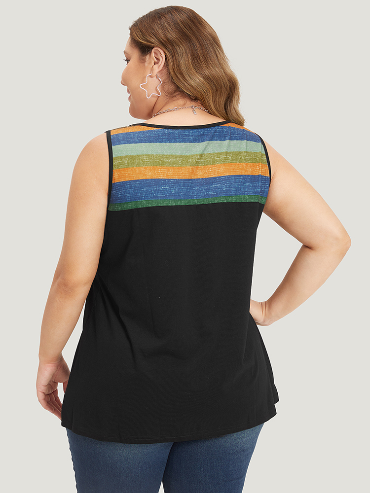 

Plus Size Rainbow Striped Notched Button Detail Arc Hem Tank Top Women Black Casual Contrast Notched collar Everyday Tank Tops Camis BloomChic