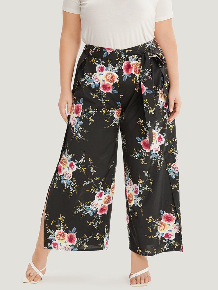 

Plus Size Floral Print Belted Split Side Pleated Pants Women BlackFlower Elegant Straight Leg High Rise Dailywear Pants BloomChic