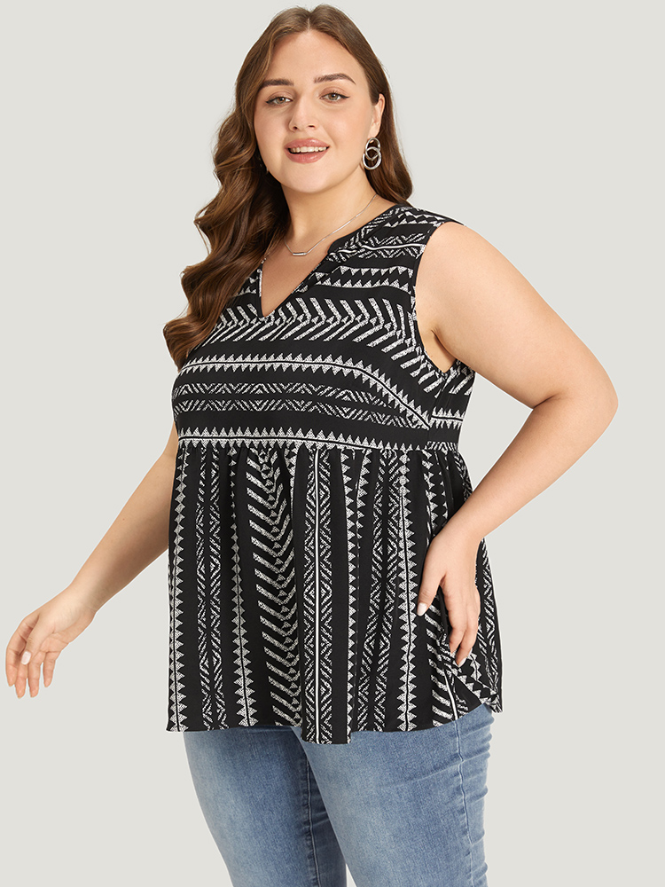 Plus Size Bandana Print Notched Elastic Waist Tank Top Women Black Elegant Elastic Waist Notched collar Dailywear Tank Tops Camis BloomChic 10/M 