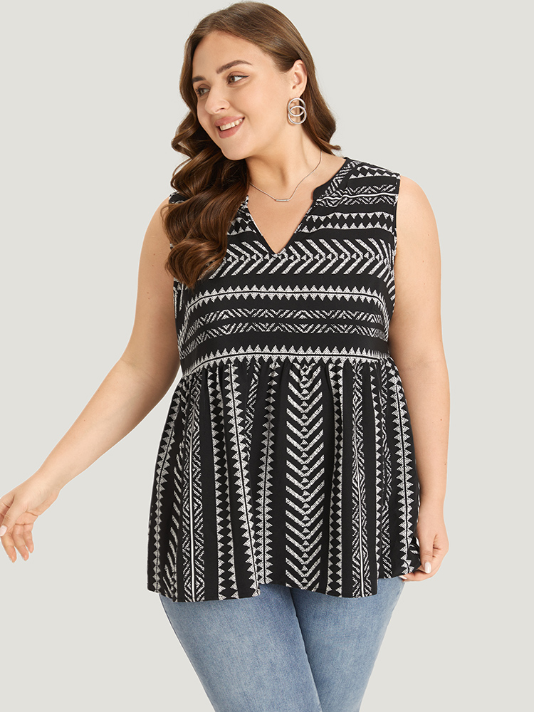 Plus Size Bandana Print Notched Elastic Waist Tank Top Women Black Elegant Elastic Waist Notched collar Dailywear Tank Tops Camis BloomChic 10/M 
