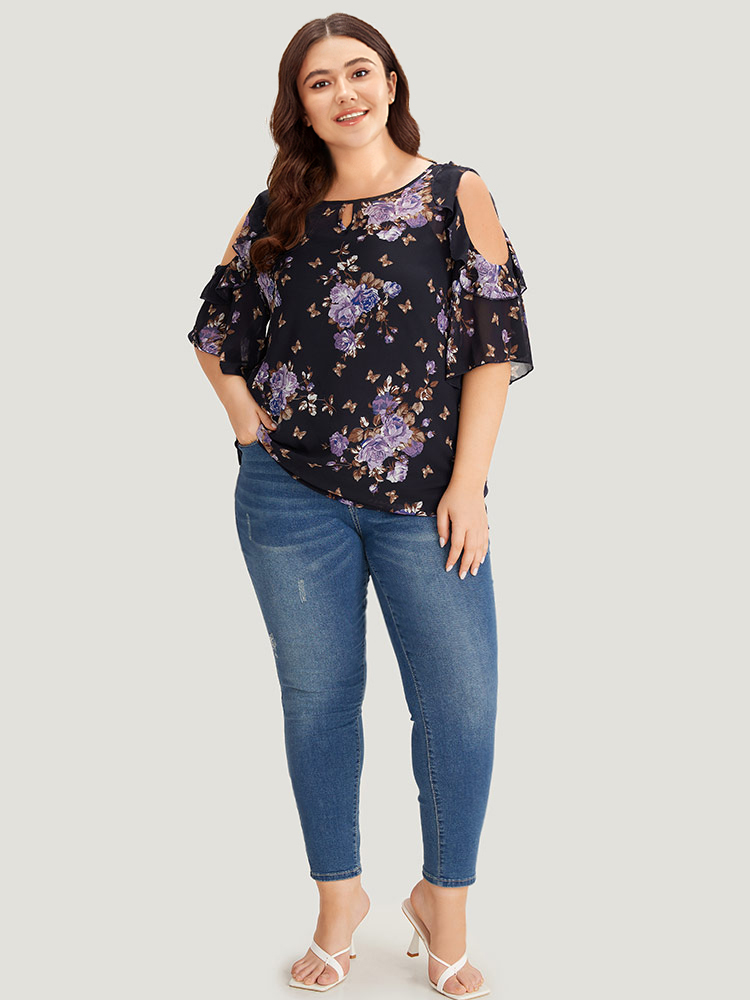 

Plus Size Indigo Floral Cut Out Ruffle Trim Blouse With Cami Top Women Elegant Half Sleeve Cold Shoulder Dailywear Blouses BloomChic