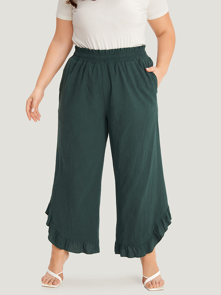 

Plus Size Solid Ruffle Trim Pocket Paperbag Waist Pants Women DarkGreen Elegant Wide Leg Mid Rise Dailywear Pants BloomChic