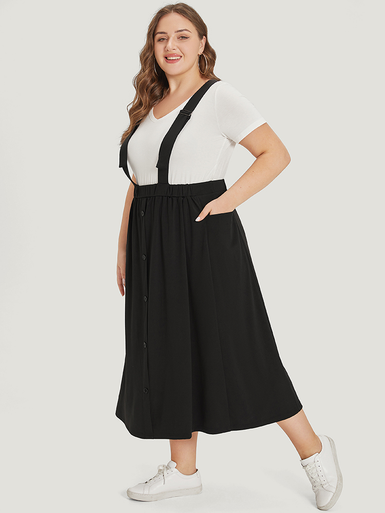 

Plus Size Adjustable Straps Button Detail Elastic Waist Suspender Skirt Women Black Casual Adjustable Straps Loose Medium stretch Pocket Dailywear Skirts BloomChic