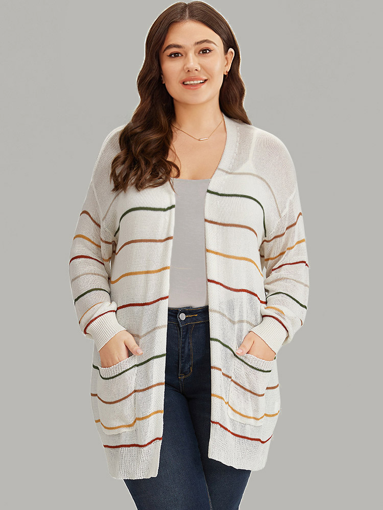 

Plus Size UltraCool Rainbow Striped Open Front Pocket Cardigan Ivory Women Casual Loose Long Sleeve Dailywear Cardigans BloomChic