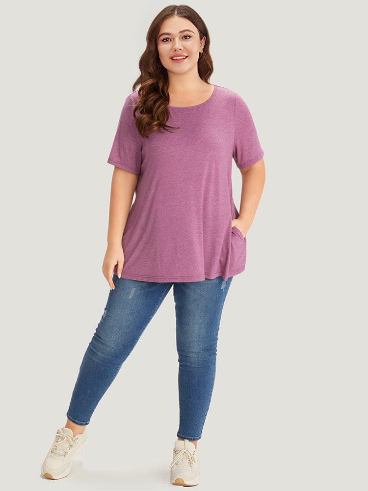 Plus Size Plain Heather Pocket Round Neck T-shirt Mauve Women Casual Plain Plain Round Neck Dailywear T-shirts BloomChic 28/5X 