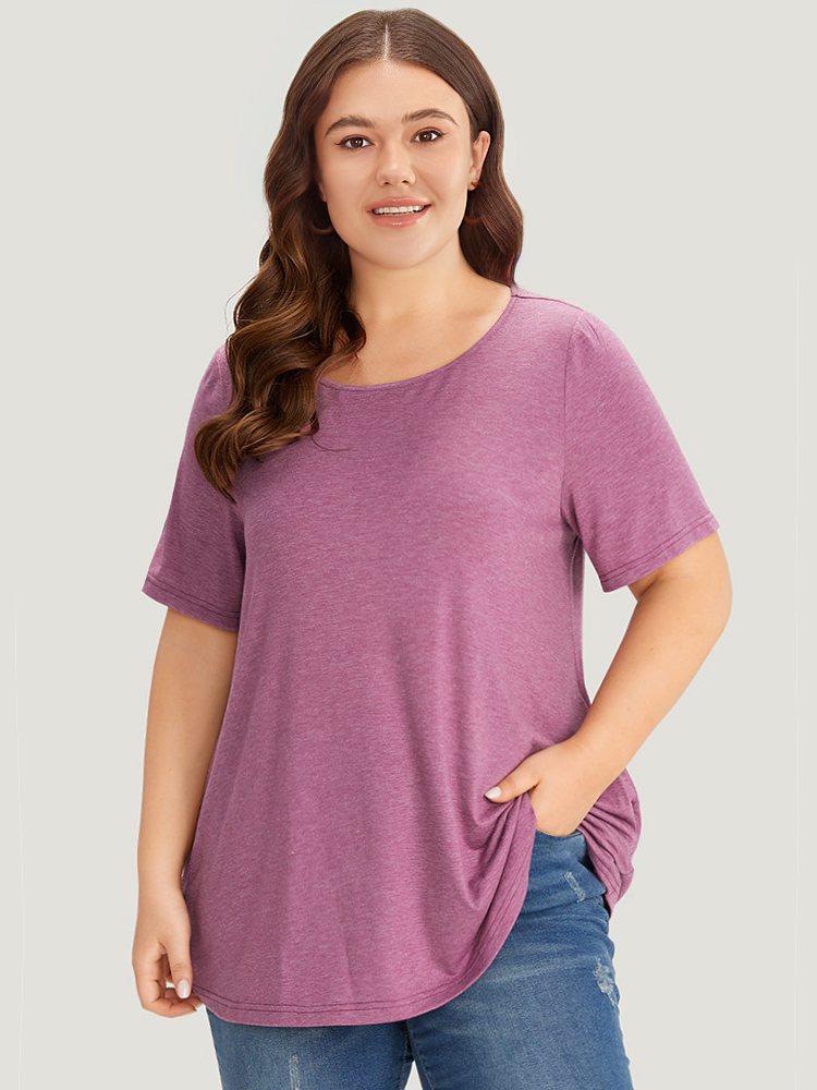Plus Size Plain Heather Pocket Round Neck T-shirt Mauve Women Casual Plain Plain Round Neck Dailywear T-shirts BloomChic 28/5X 
