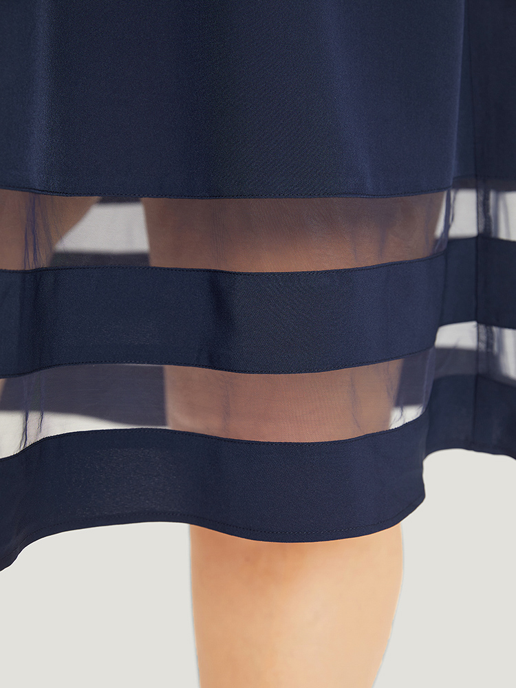 Plus Size Mesh Patchwork Pocket Elastic Waist Gathered Tank Dress DarkBlue Women Elegant Gathered Round Neck Sleeveless Curvy Knee Dress BloomChic 22-24/3X 