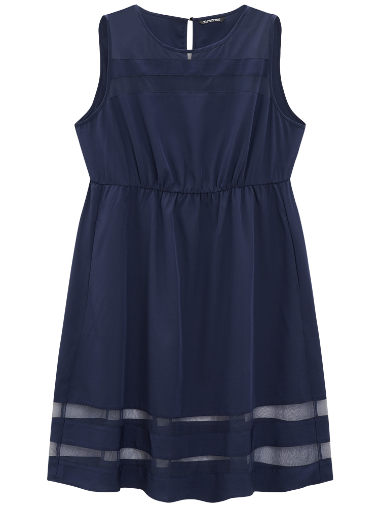 Plus Size Mesh Patchwork Pocket Elastic Waist Gathered Tank Dress DarkBlue Women Elegant Gathered Round Neck Sleeveless Curvy Knee Dress BloomChic 22-24/3X 