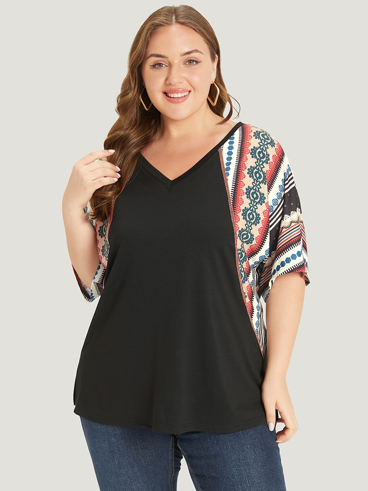 

Plus Size Rainbow Striped Contrast Patchwork Batwing Sleeve T-shirt Multicolor Women Casual Contrast Colorblock V-neck Everyday T-shirts BloomChic