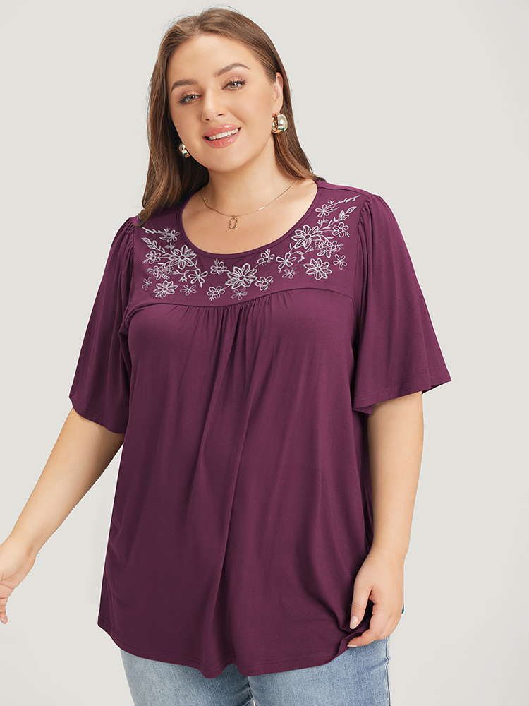 

Plus Size Supersoft Essentials Floral Embroidered Gathered Ruffle Sleeve T-shirt Eggplant Women Elegant Embroidered Plain Round Neck Everyday T-shirts BloomChic