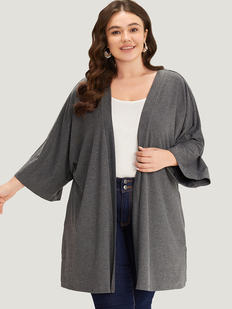 

Plus Size Supersoft Essentials Plain Open Front Pocket Batwing Sleeve Kimono Women DarkGray Casual Plain Loose Pocket Dailywear Kimonos BloomChic