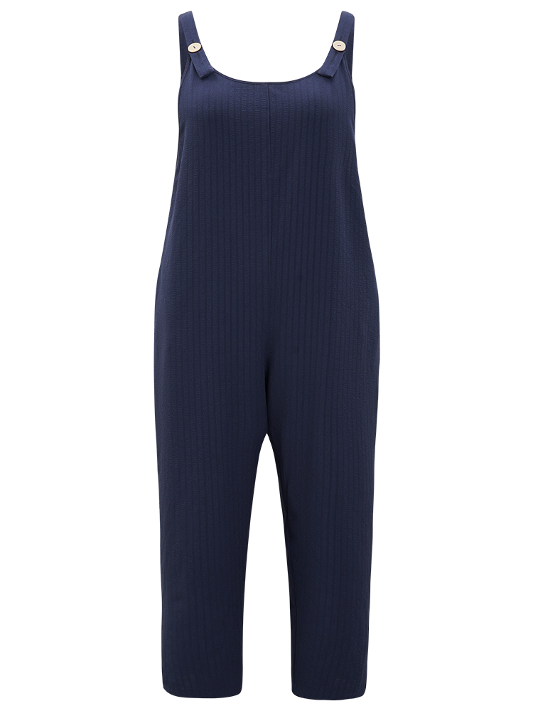 Plus Size DarkBlue Solid Button Patchwork Pocket Cami Jumpsuit Women Elegant Sleeveless Scoop Neck Dailywear Loose Jumpsuits BloomChic 12/L 