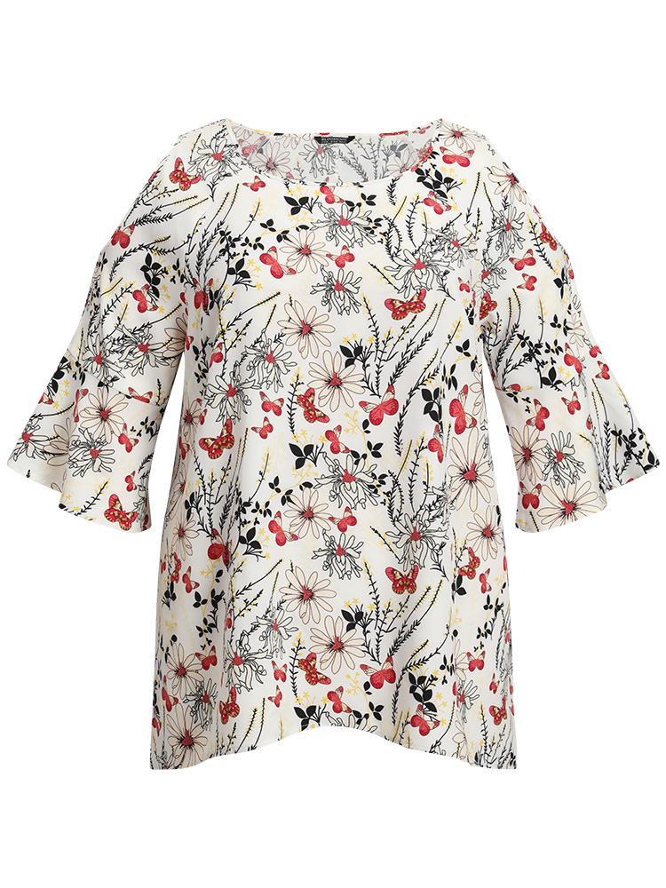 Plus Size Women Dailywear Plants Cut-Out Bell Sleeve Elbow-length sleeve Round Neck Elegant Blouses BloomChic 