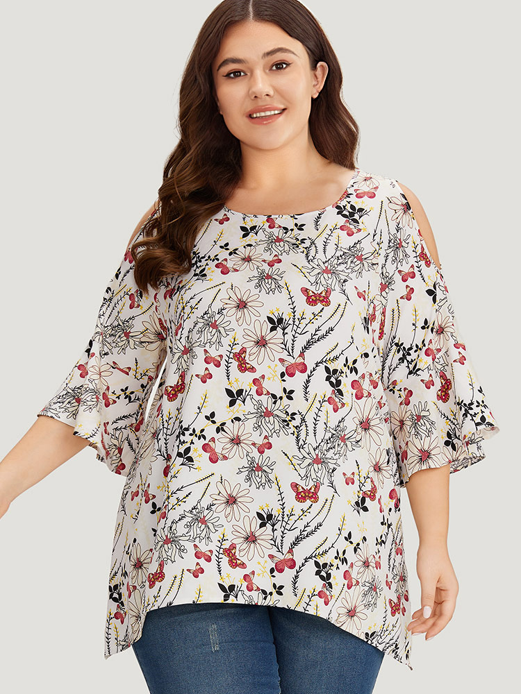 Plus Size Women Dailywear Plants Cut-Out Bell Sleeve Elbow-length sleeve Round Neck Elegant Blouses BloomChic 