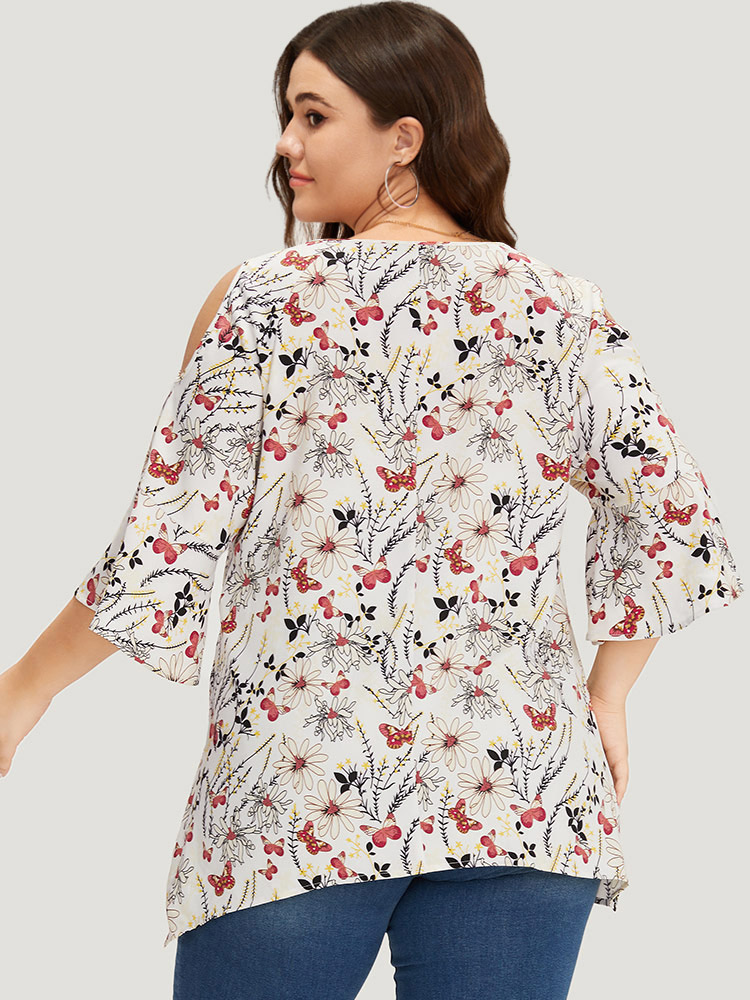 Plus Size Women Dailywear Plants Cut-Out Bell Sleeve Elbow-length sleeve Round Neck Elegant Blouses BloomChic 