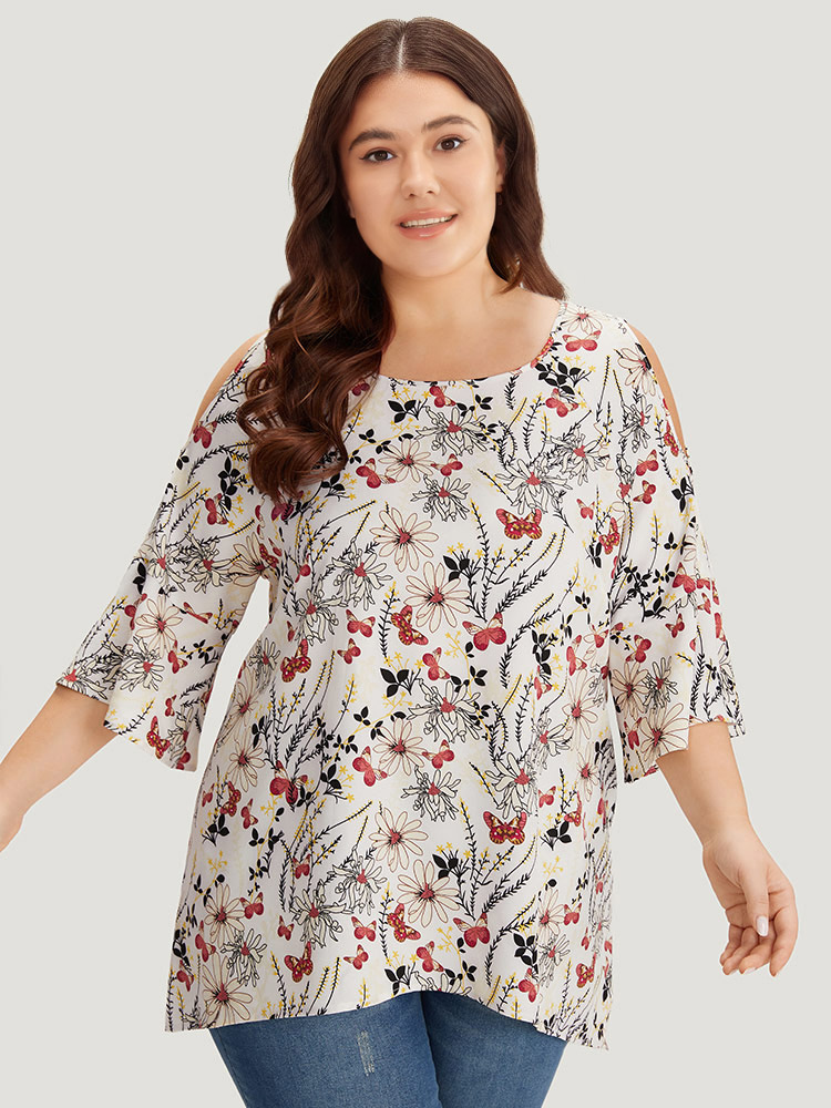 Plus Size Women Dailywear Plants Cut-Out Bell Sleeve Elbow-length sleeve Round Neck Elegant Blouses BloomChic 