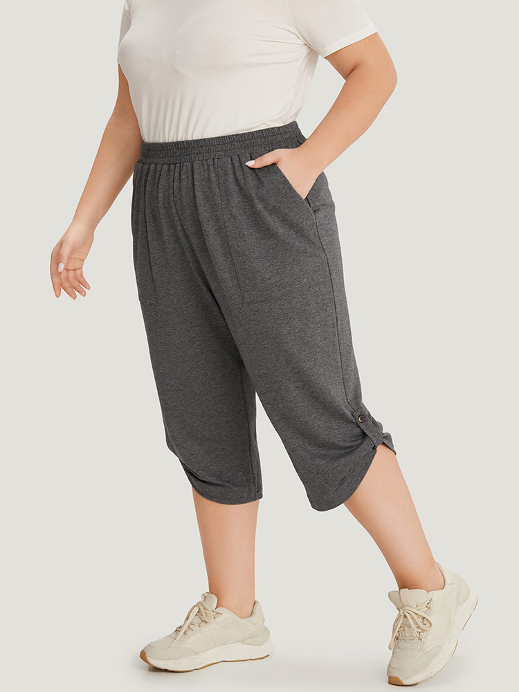 

Supersoft Essentials Plain Pocket Button Detail Cropped Sweatpants DimGray Plus Size Women Casual Dailywear Elastic Waist  Bloomchic