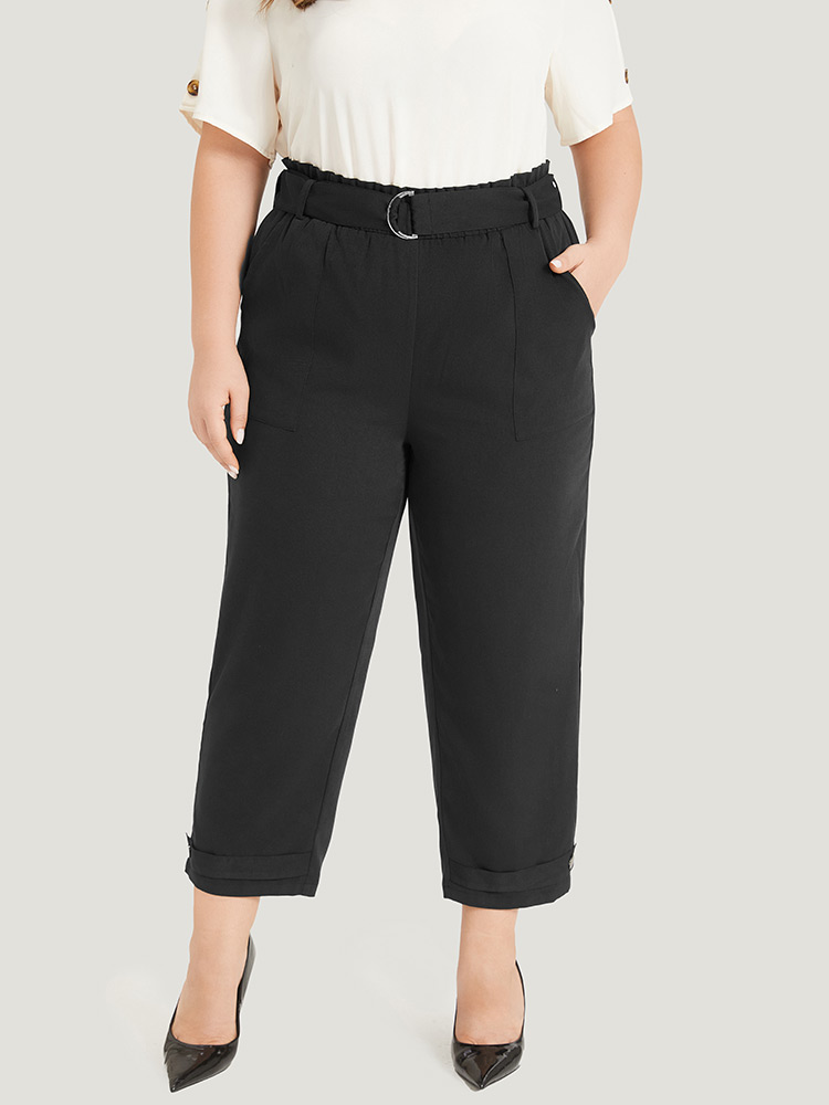 Plus Size Women Work Plain Belted High Rise Pocket Belt Office Pants BloomChic 