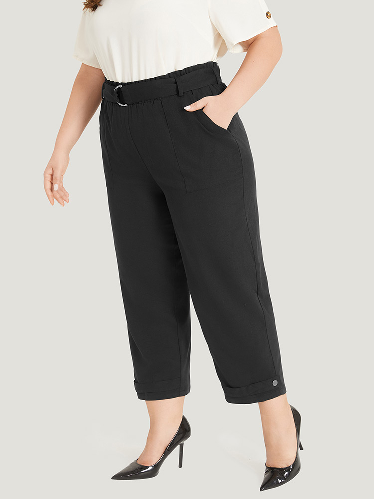 Plus Size Women Work Plain Belted High Rise Pocket Belt Office Pants BloomChic 