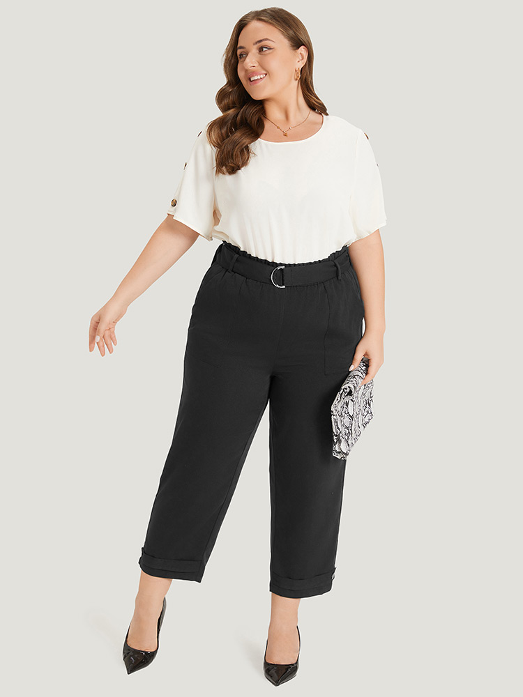 Plus Size Women Work Plain Belted High Rise Pocket Belt Office Pants BloomChic 