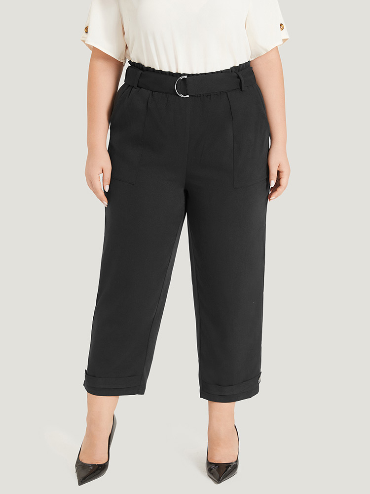Plus Size Women Work Plain Belted High Rise Pocket Belt Office Pants BloomChic 