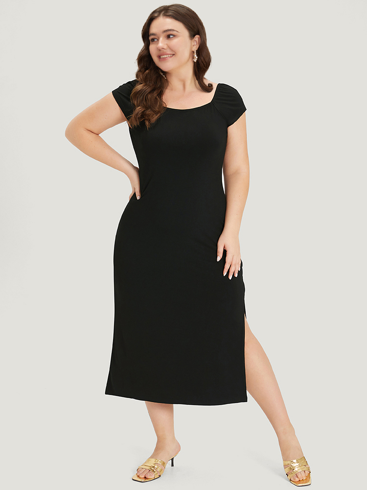 

Plus Size Supersoft Essentials Plain Split Hem Square Neck Dress Black Women Glamour Plain Square Neck Cap Sleeve Curvy Long Dress BloomChic