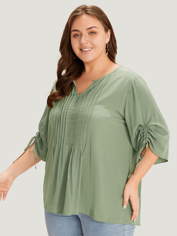 Plus Size Women Work Plain Drawstring Regular Sleeve Half Sleeve Notched collar Office Blouses BloomChic 