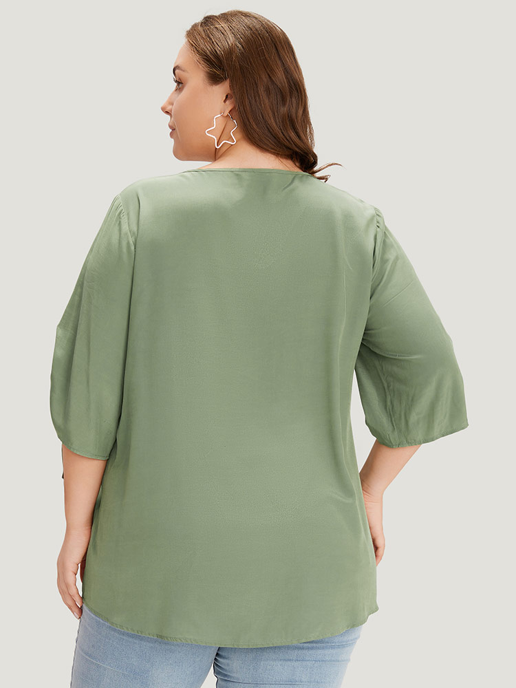Plus Size Women Work Plain Drawstring Regular Sleeve Half Sleeve Notched collar Office Blouses BloomChic 