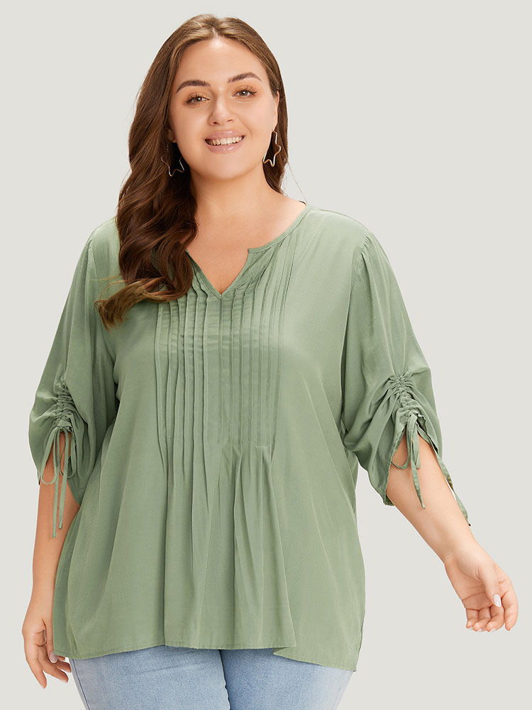 Plus Size Women Work Plain Drawstring Regular Sleeve Half Sleeve Notched collar Office Blouses BloomChic 
