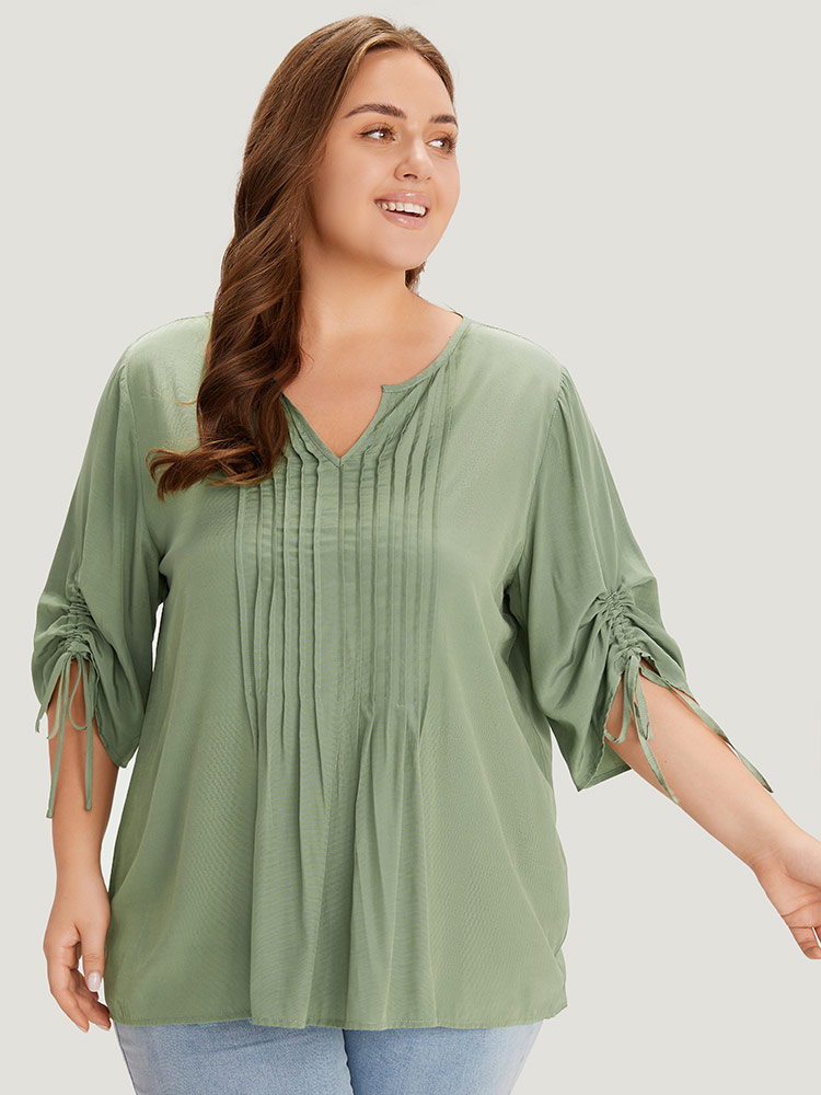 Plus Size Women Work Plain Drawstring Regular Sleeve Half Sleeve Notched collar Office Blouses BloomChic 