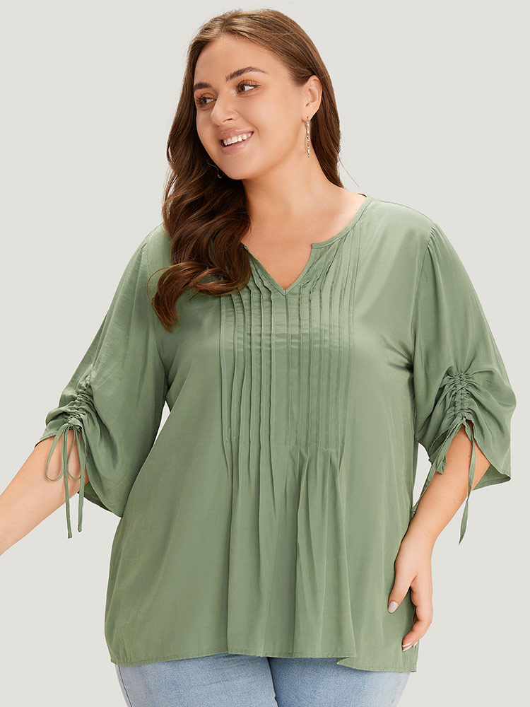 Plus Size Women Work Plain Drawstring Regular Sleeve Half Sleeve Notched collar Office Blouses BloomChic 
