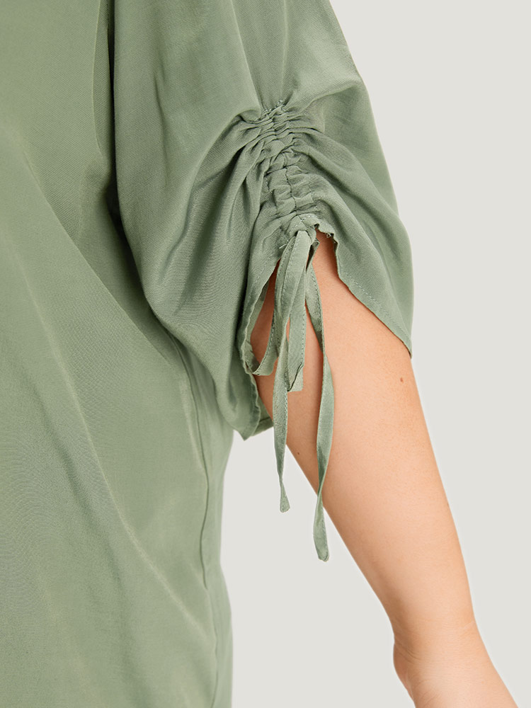 Plus Size Women Work Plain Drawstring Regular Sleeve Half Sleeve Notched collar Office Blouses BloomChic 