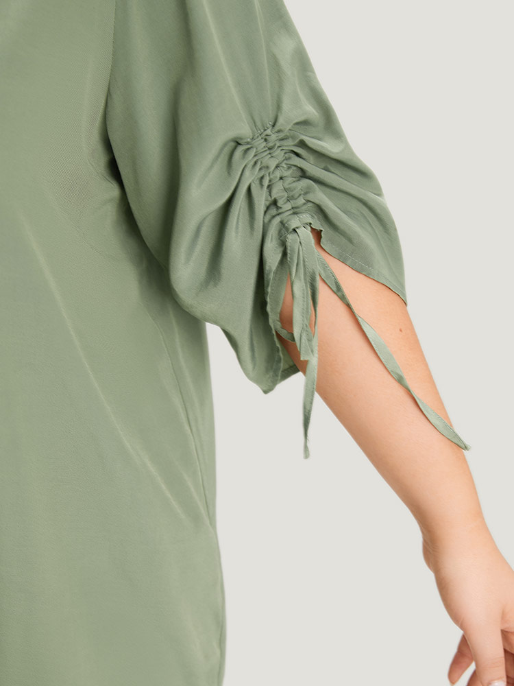 Plus Size Women Work Plain Drawstring Regular Sleeve Half Sleeve Notched collar Office Blouses BloomChic 