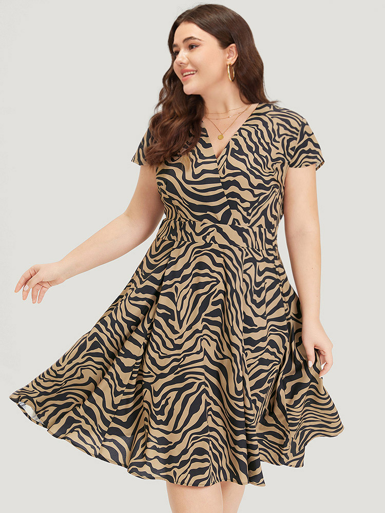 

Plus Size Zebra Print Pocket V Neck Ruffle Hem Dress DarkBrown Women Elegant V-neck Cap Sleeve Curvy Midi Dress BloomChic