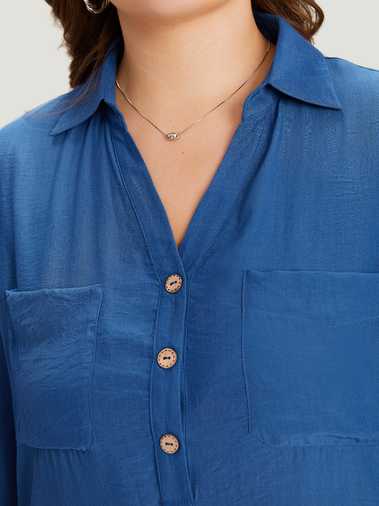 Plus Size Women Dailywear Plain Button Regular Sleeve Elbow-length sleeve V-neck Office Blouses BloomChic 
