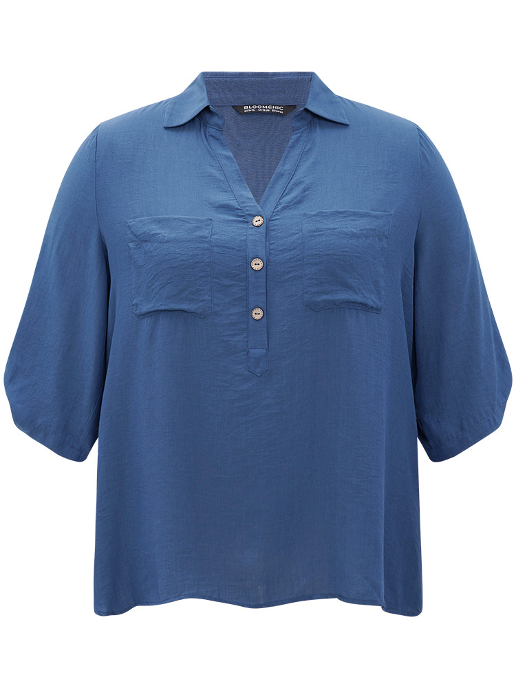 Plus Size Women Dailywear Plain Button Regular Sleeve Elbow-length sleeve V-neck Office Blouses BloomChic 
